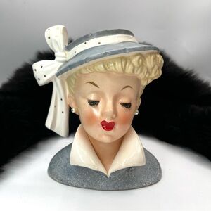 Vtg Napco Lady Head Vase Gray Jacket & Hat Brush Lashes 1959 C3959A With Sticker